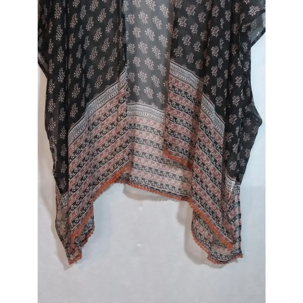 Coldwater Creek Sheer Silky Black Printed Kimono Cover-Up Size One Size